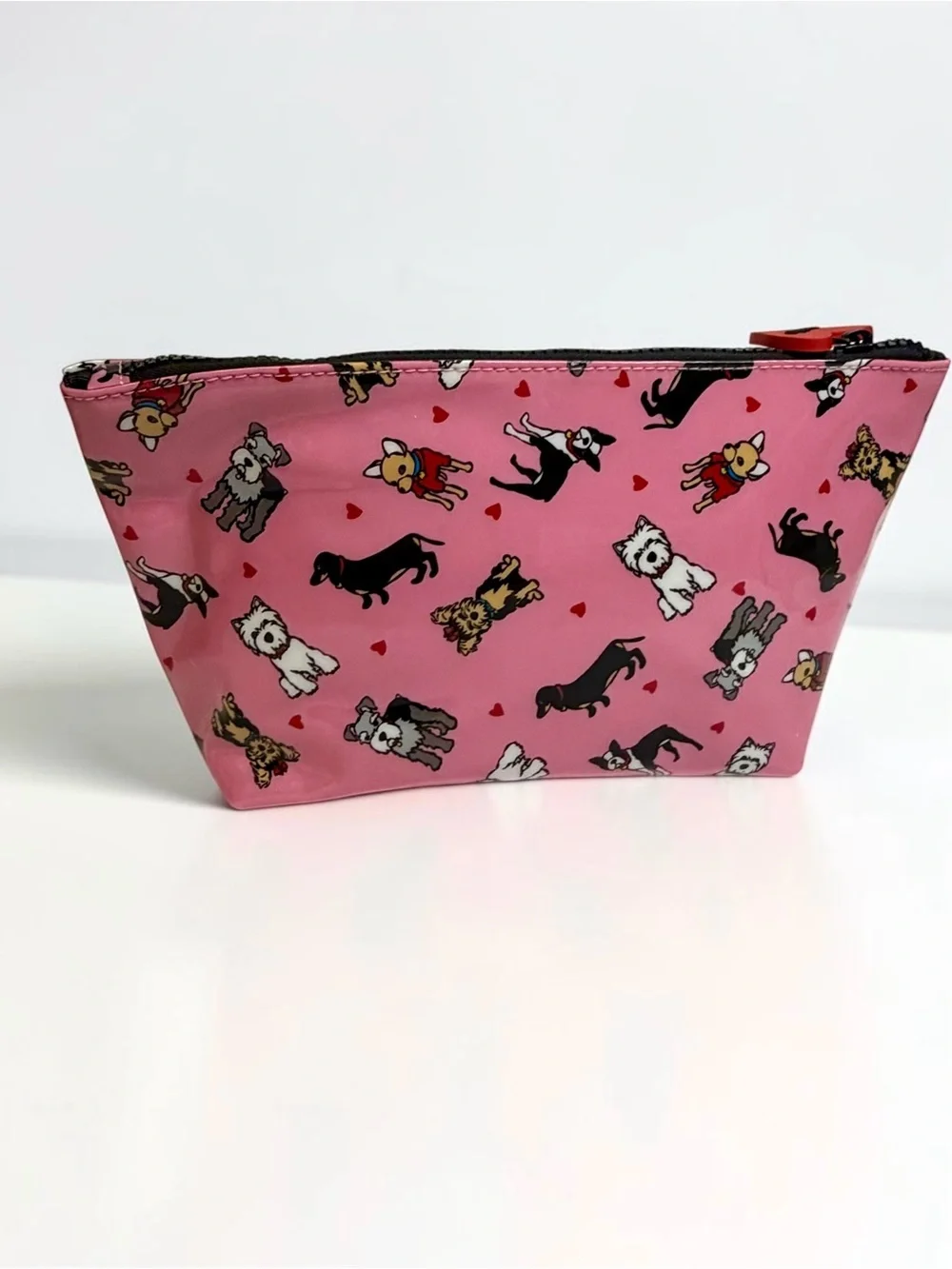 NWT Marc Tetro Pink Patent Multi Dog Print Cosmetic Bag Pouch Heart Zipper Pull
